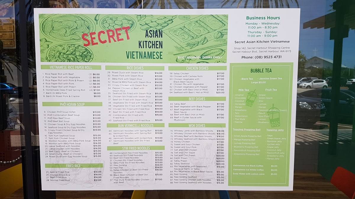 Menu at Secret Asian Kitchen restaurant, Secret Harbour
