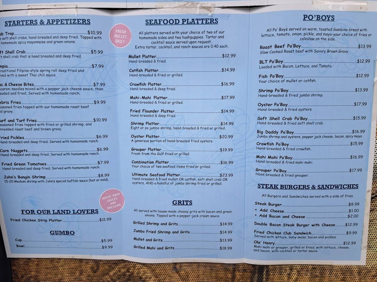 Menu at Shannon's Seafood Kitchen restaurant, Pensacola