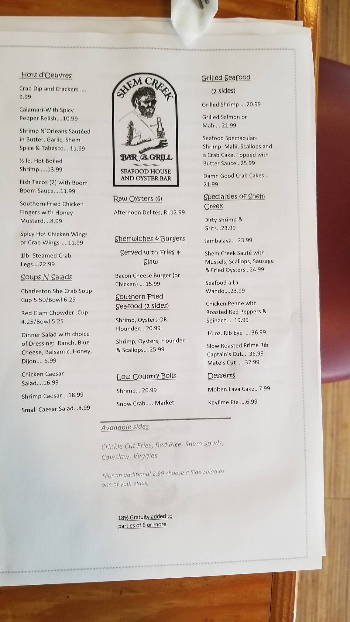 Menu at Shem Creek Crab House restaurant, Mount Pleasant