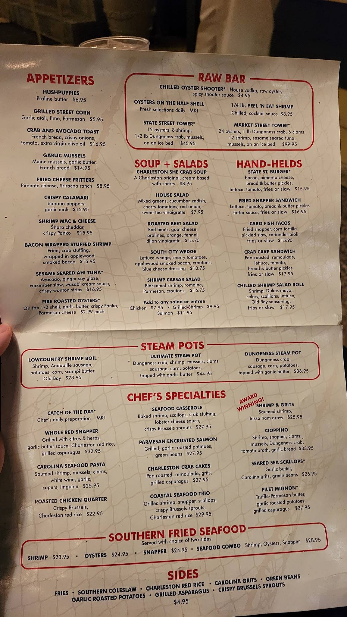 Menu at Shem Creek Crab House restaurant, Mount Pleasant