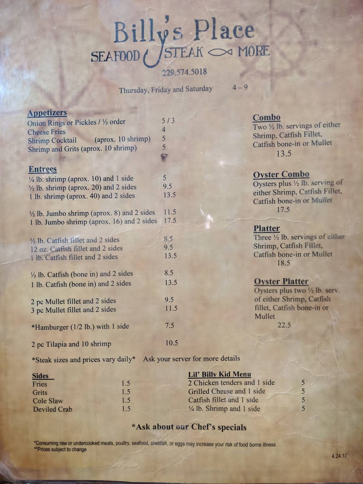 Menu at Billy's Place steakhouse, Ochlocknee