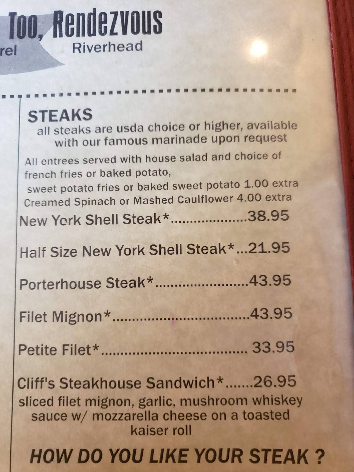 Menu at Cliff's Elbow Room steakhouse, Jamesport