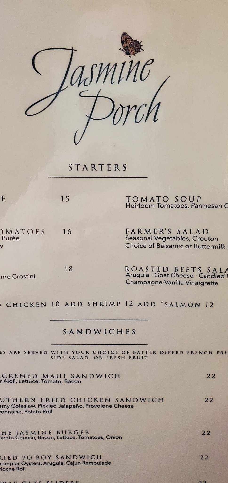 Menu at Jasmine Porch at The Sanctuary steakhouse, Kiawah Island