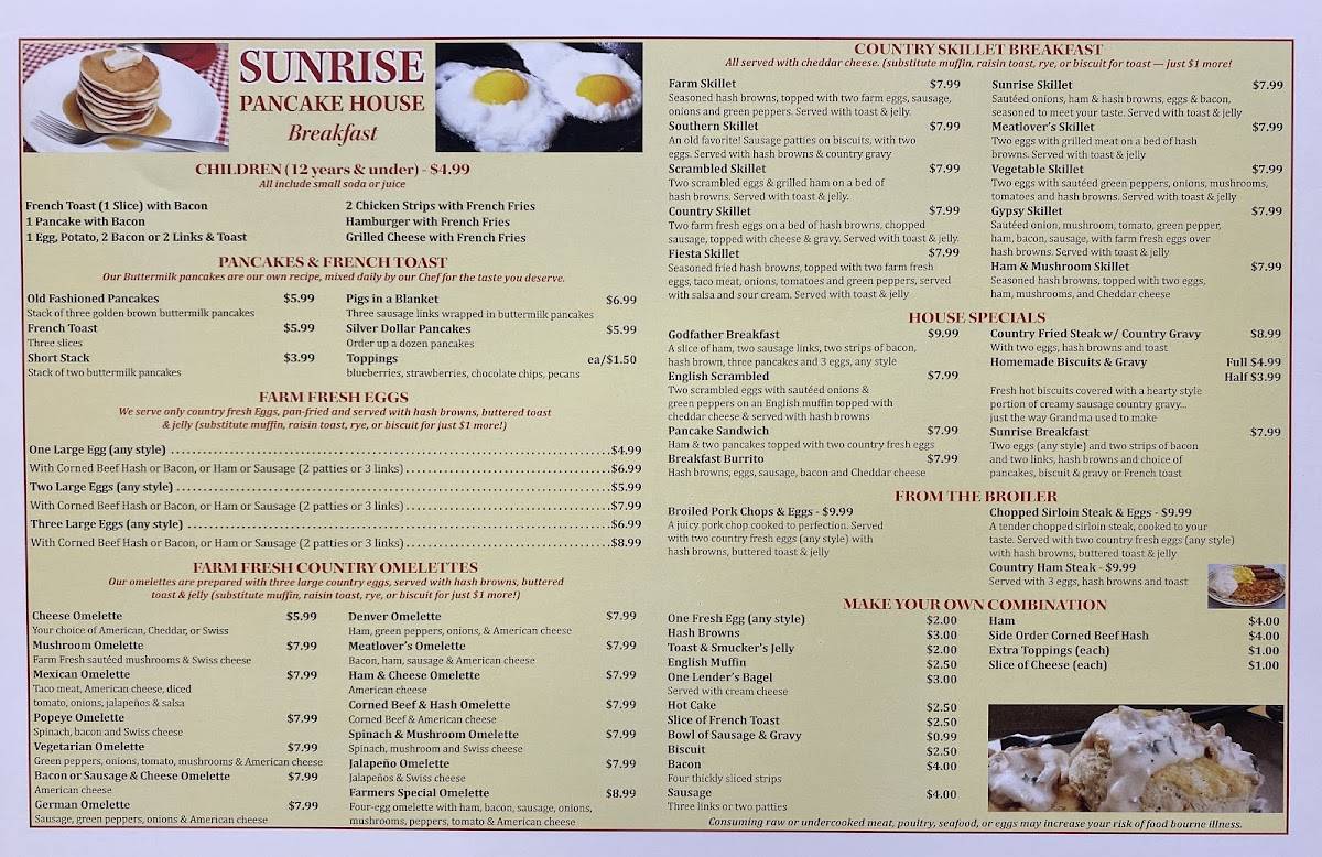 Menu at Sunrise Pancake House restaurant, Millstadt