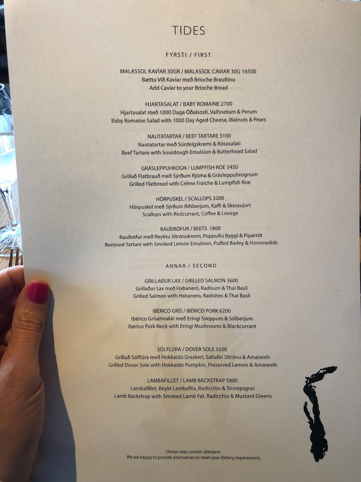 Menu at TIDES Restaurant, Reykjavík