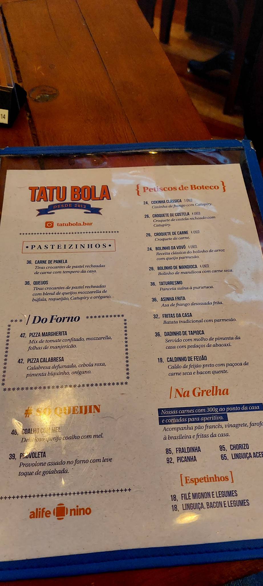 Menu em Tatu Bola Bar, São Paulo, Rua Clodomiro Amazonas