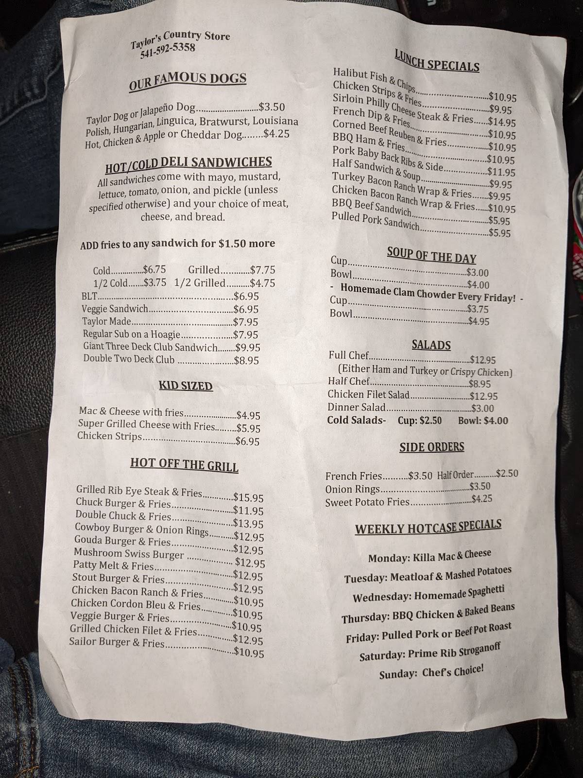 Menu at Taylor's Sausage Country Store restaurant, Cave Junction, 202 Redwood Hwy