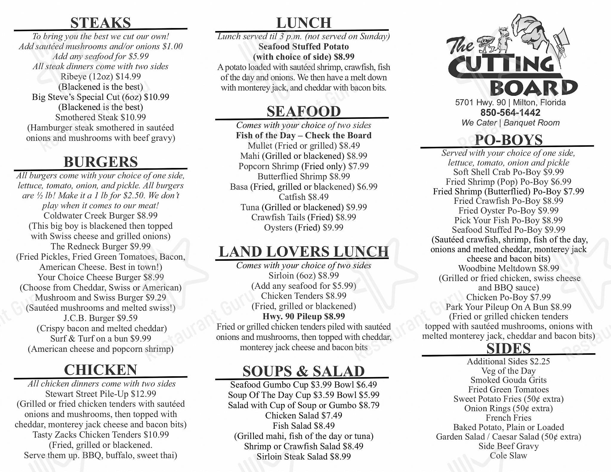 Menu at The Cutting Board restaurant, Milton