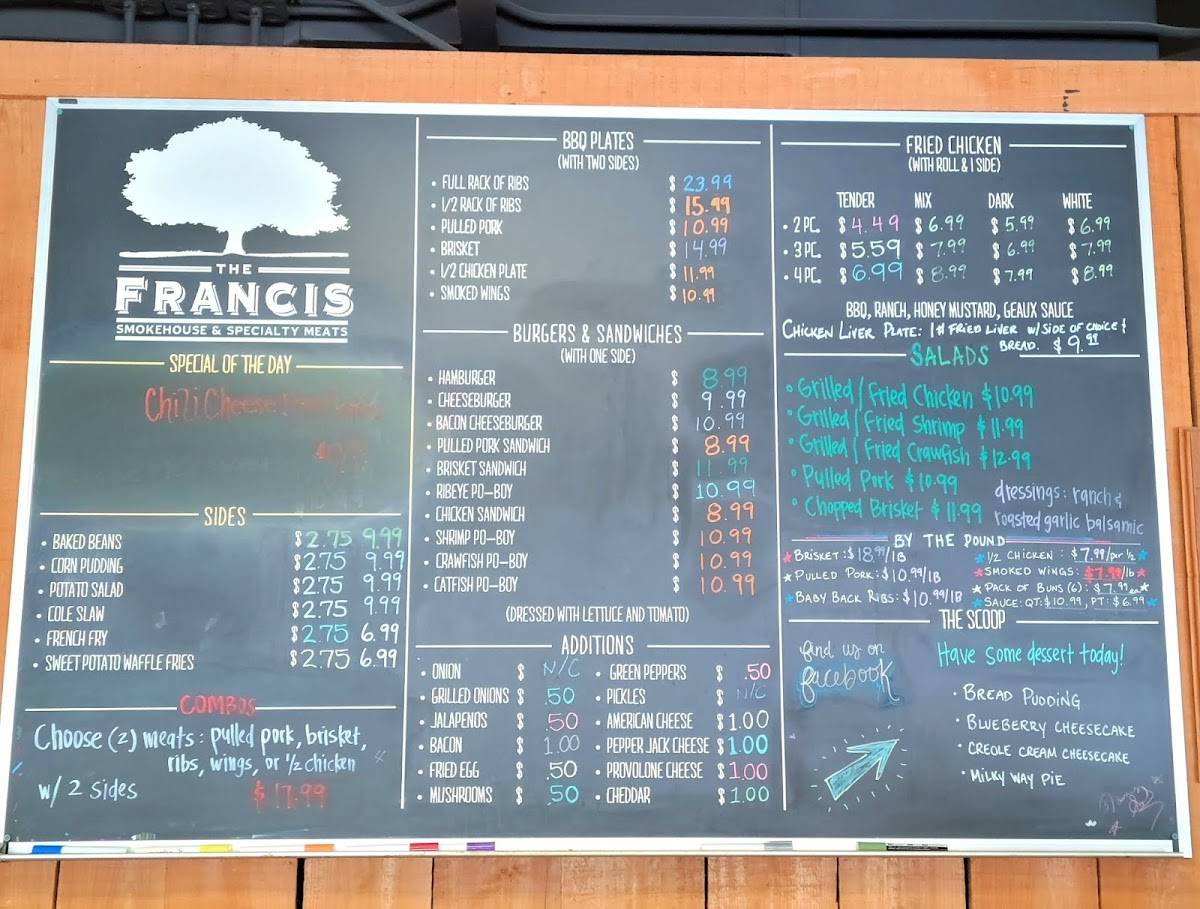 Menu at The Francis Smokehouse & Specialty Meats BBQ, Saint Francisville