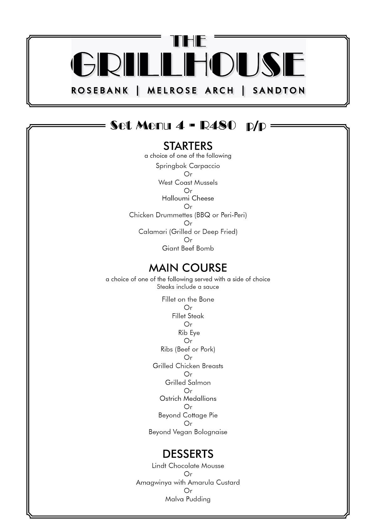 Menu at The Grillhouse Melrose Arch steakhouse, Johannesburg, Melrose Arch