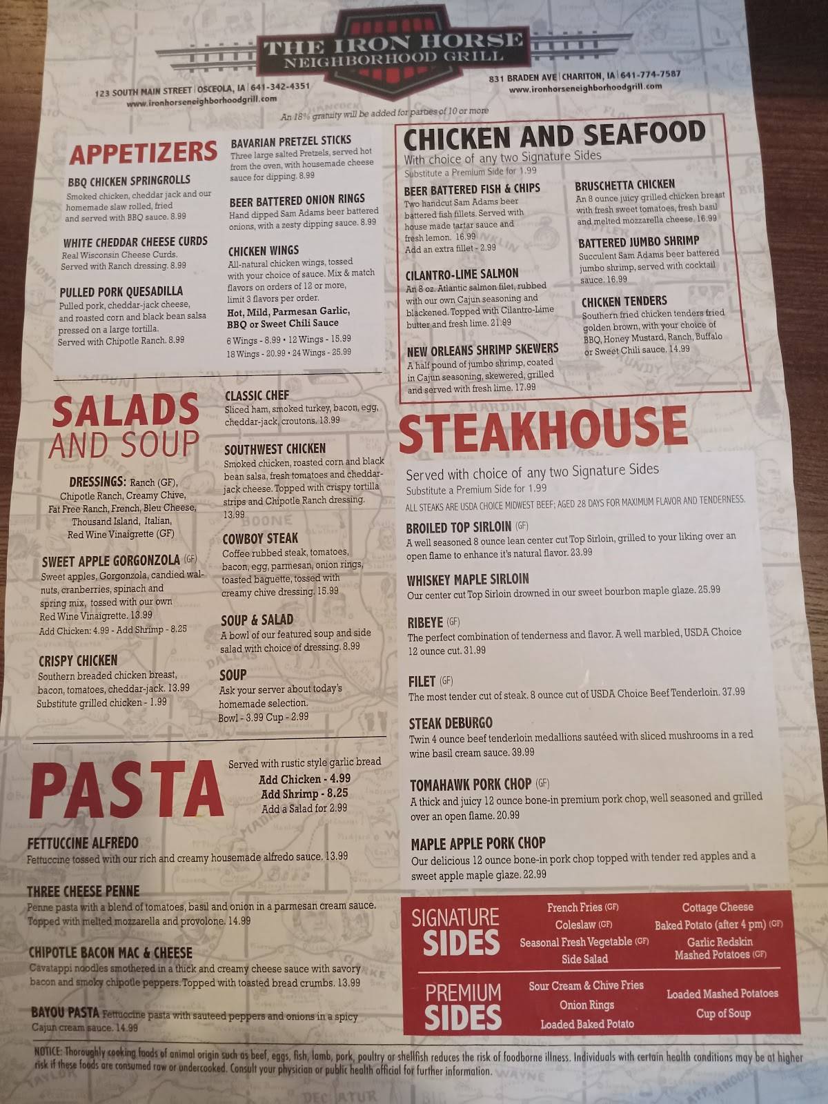 Menu at The Iron Horse Charitone restaurant, Chariton