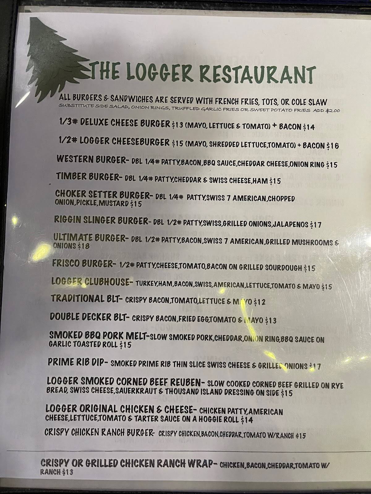 Menu at The Logger Restaurant, Knappa
