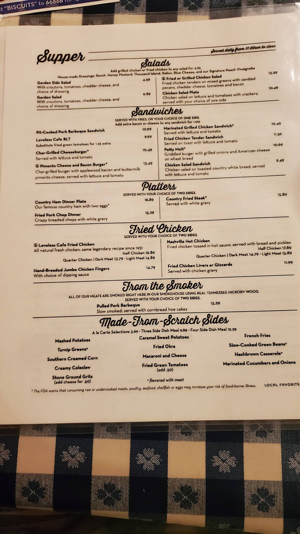 Menu at The Loveless Cafe, Nashville