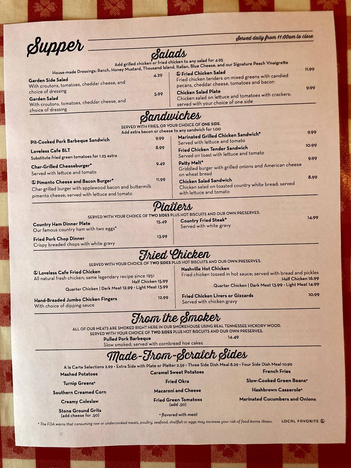 Menu at The Loveless Cafe, Nashville