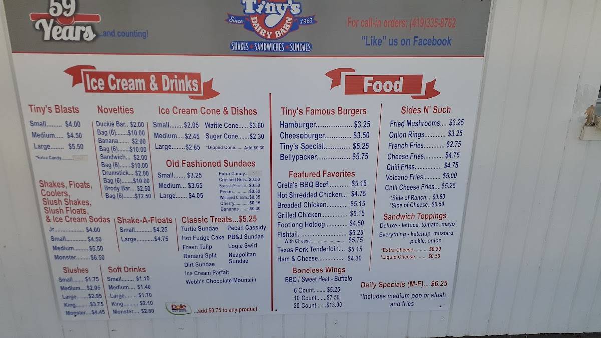Menu at Tiny's Dairy Barn, Wauseon