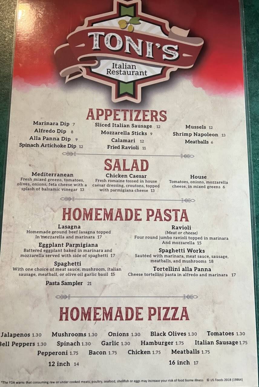 Menu at Toni's Italian Restaurant, Olathe