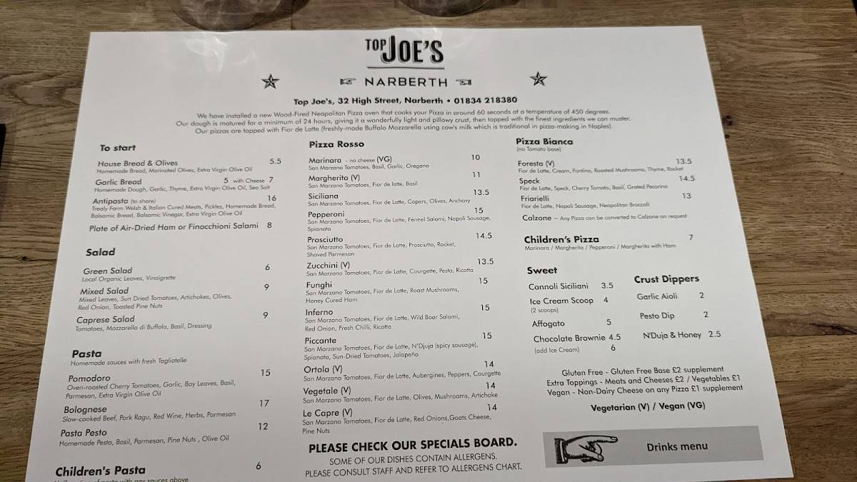 Menu at Top Joe's Townhouse & Pizzeria Narberth, Narberth