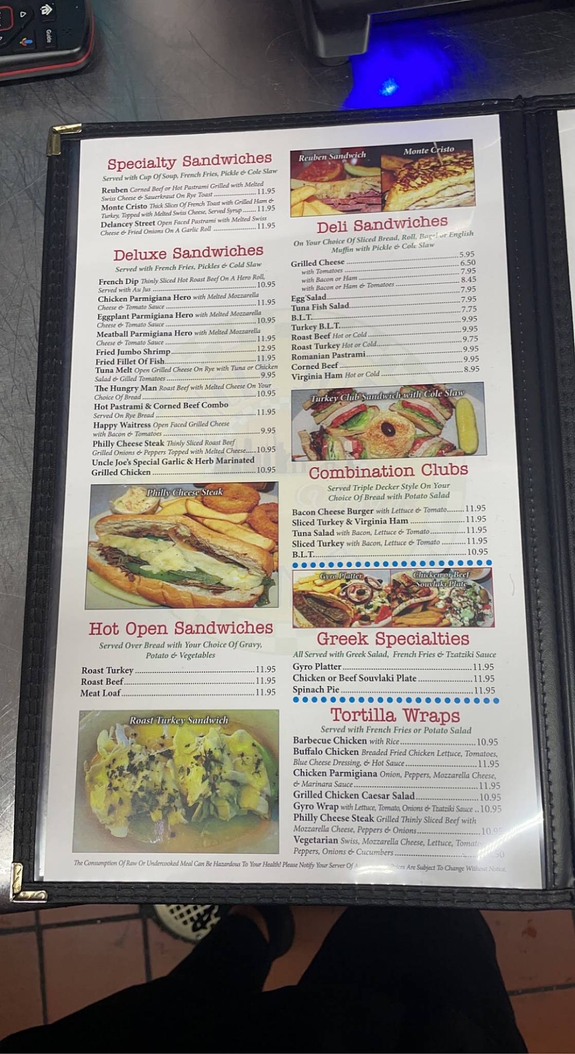 Menu at Uncle Joe's New York Diner restaurant, Ruskin