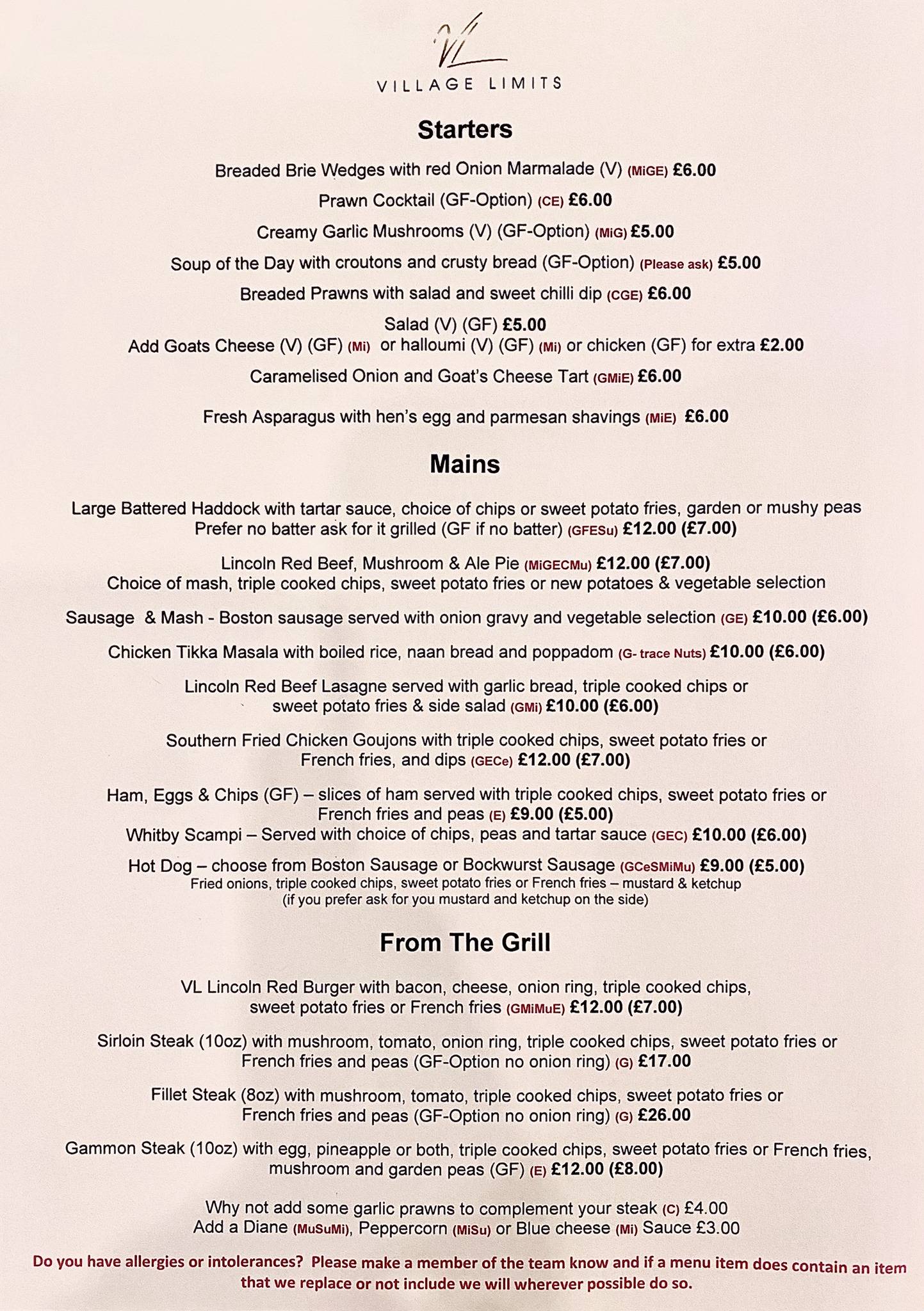 Menu at Village Limits Bed and Breakfast & Restaurant, Woodhall Spa