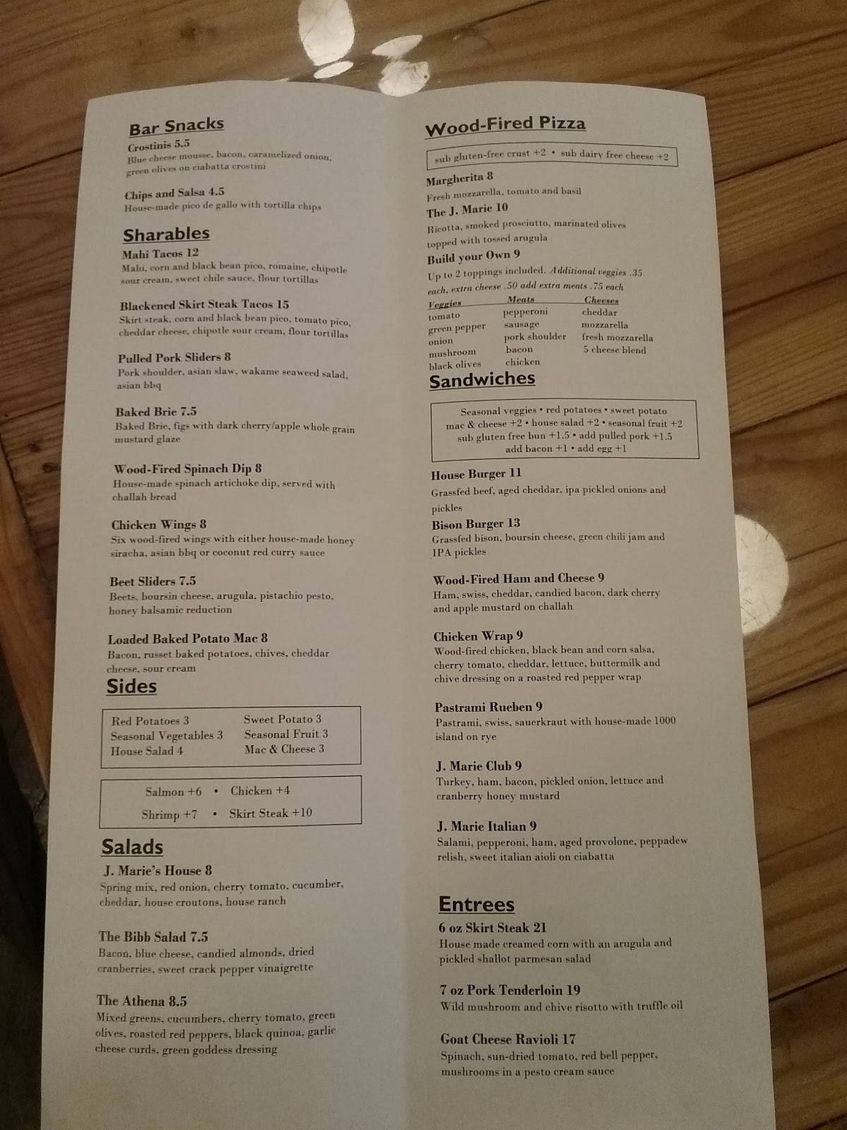 Menu at J. Marie's Wood-Fired Kitchen and Drinks restaurant, Wapakoneta