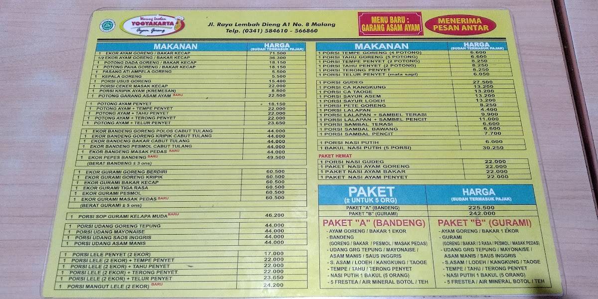 Menu at Warung Lesehan Yogyakarta restaurant, Malang, Jl. Lembah Dieng ...