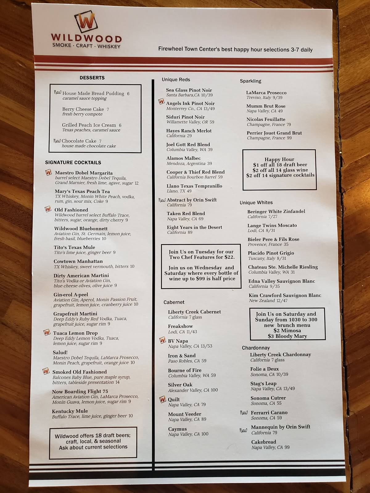 Menu at Wildwood Firewheel restaurant, Garland