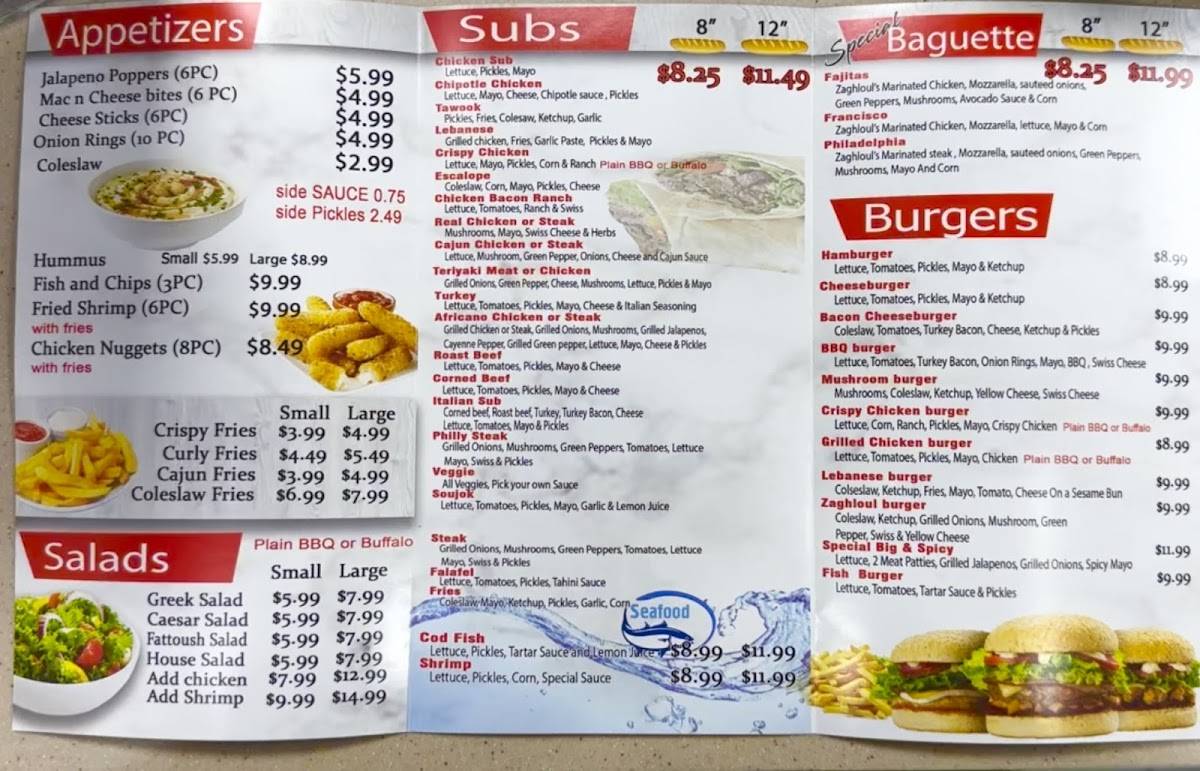 Menu at Zaghloul Subs & Burgers restaurant, Dearborn Heights