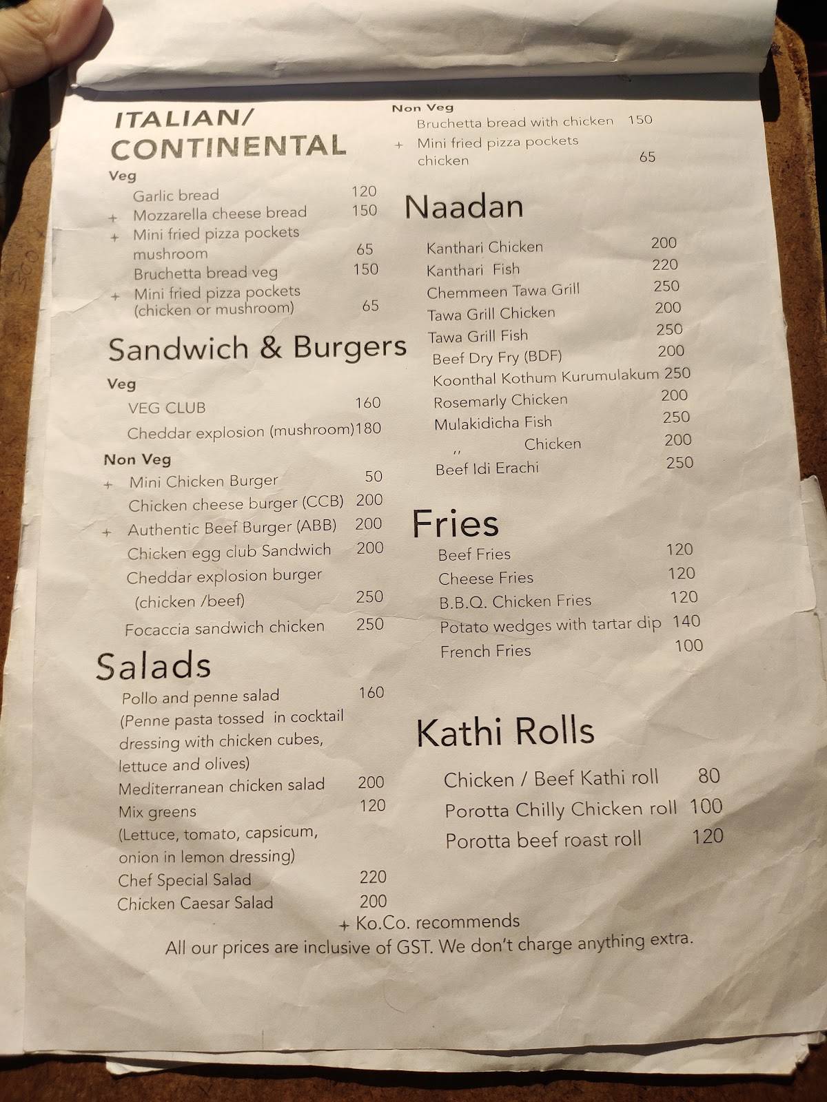 Menu at ko.co. kottayam company, Kottayam