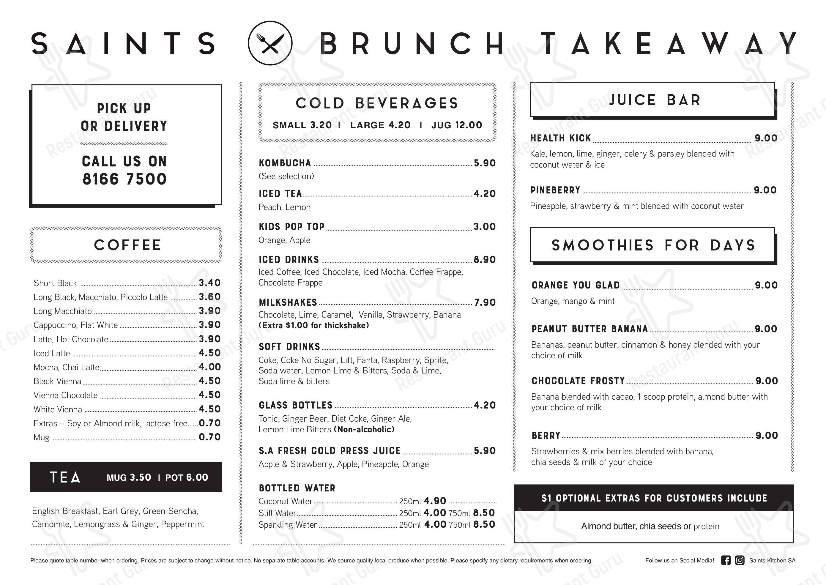 Menu at Saints Kitchen restaurant, Salisbury Park
