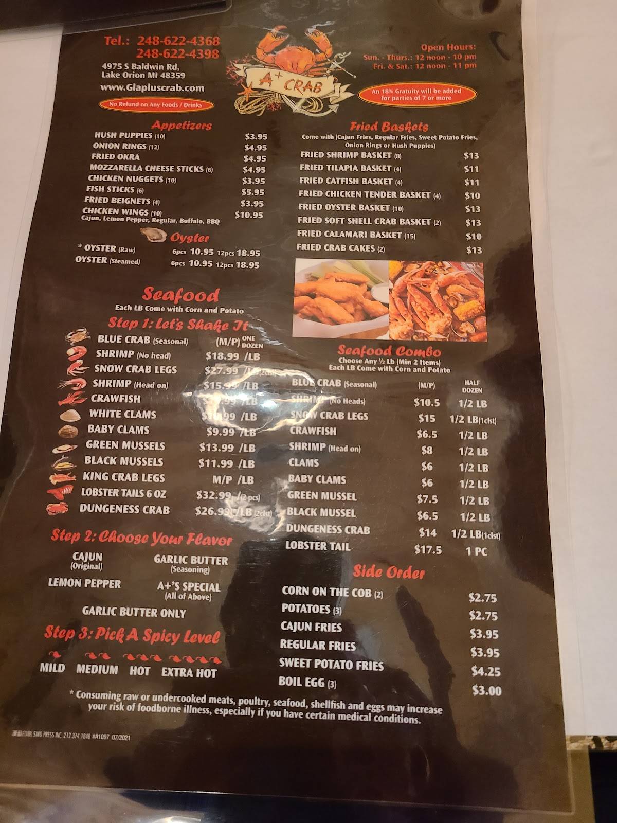Menu at A Plus Crab (Great Lake) pub & bar, Auburn Hills