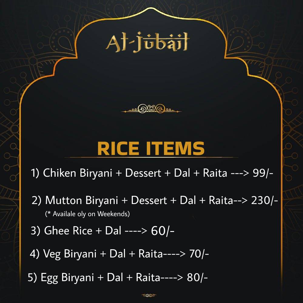 Menu at AL Jubail, Mysuru