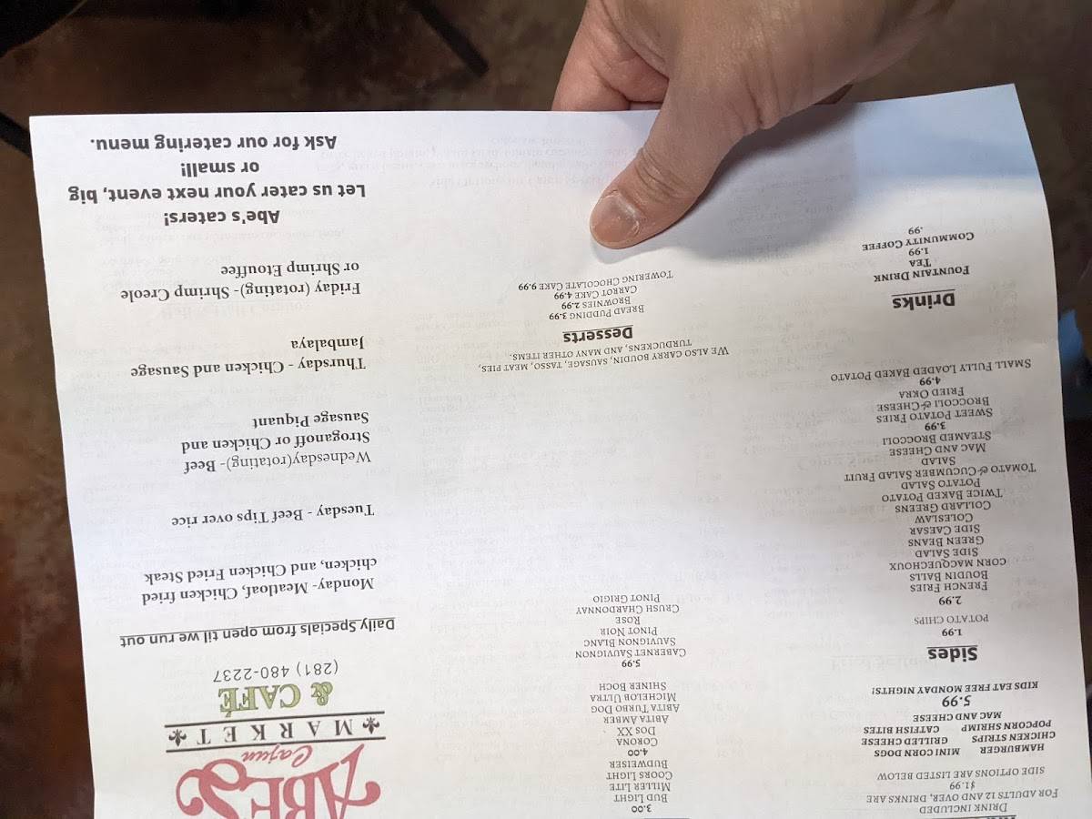 Menu at Abe's Cajun Market restaurant, Houston