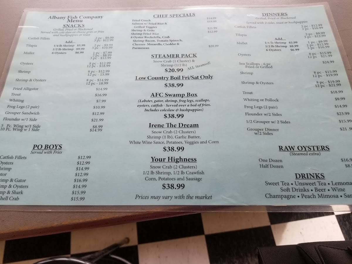 Menu at Albany Fish Company restaurant, Albany
