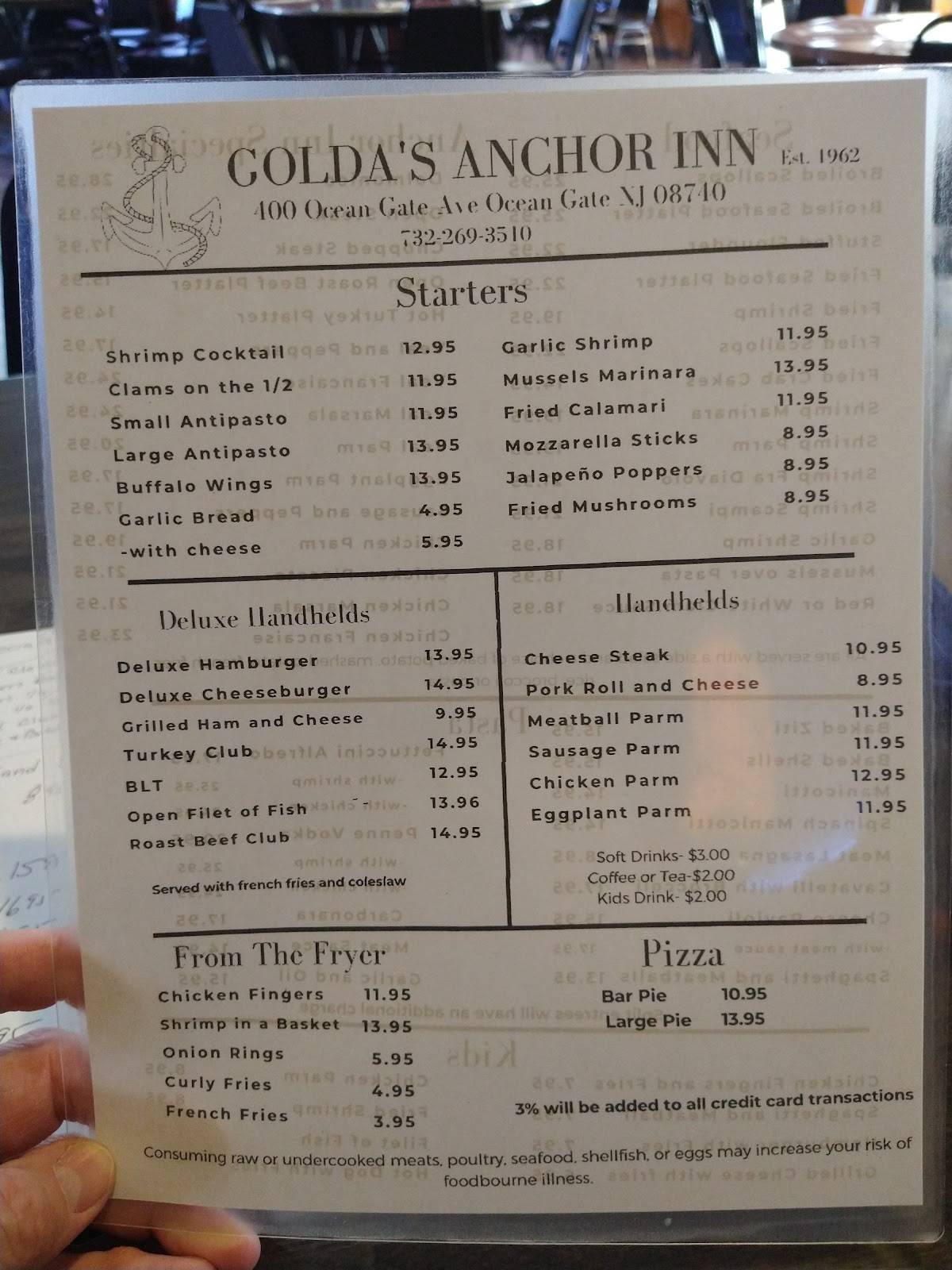 Menu at Anchor Inn pizzeria, Ocean Gate