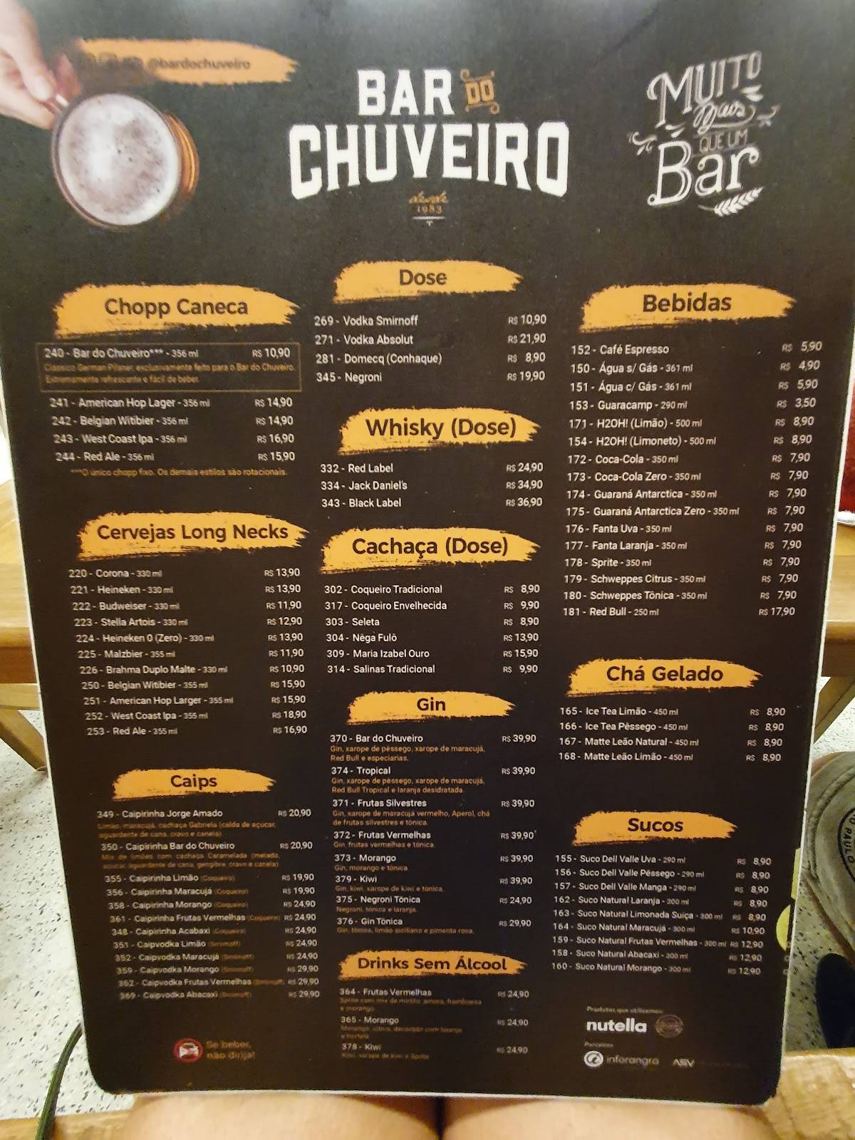 Menu em Bar do Chuveiro Unidade Bracuí Angra dos Reis Rodovia