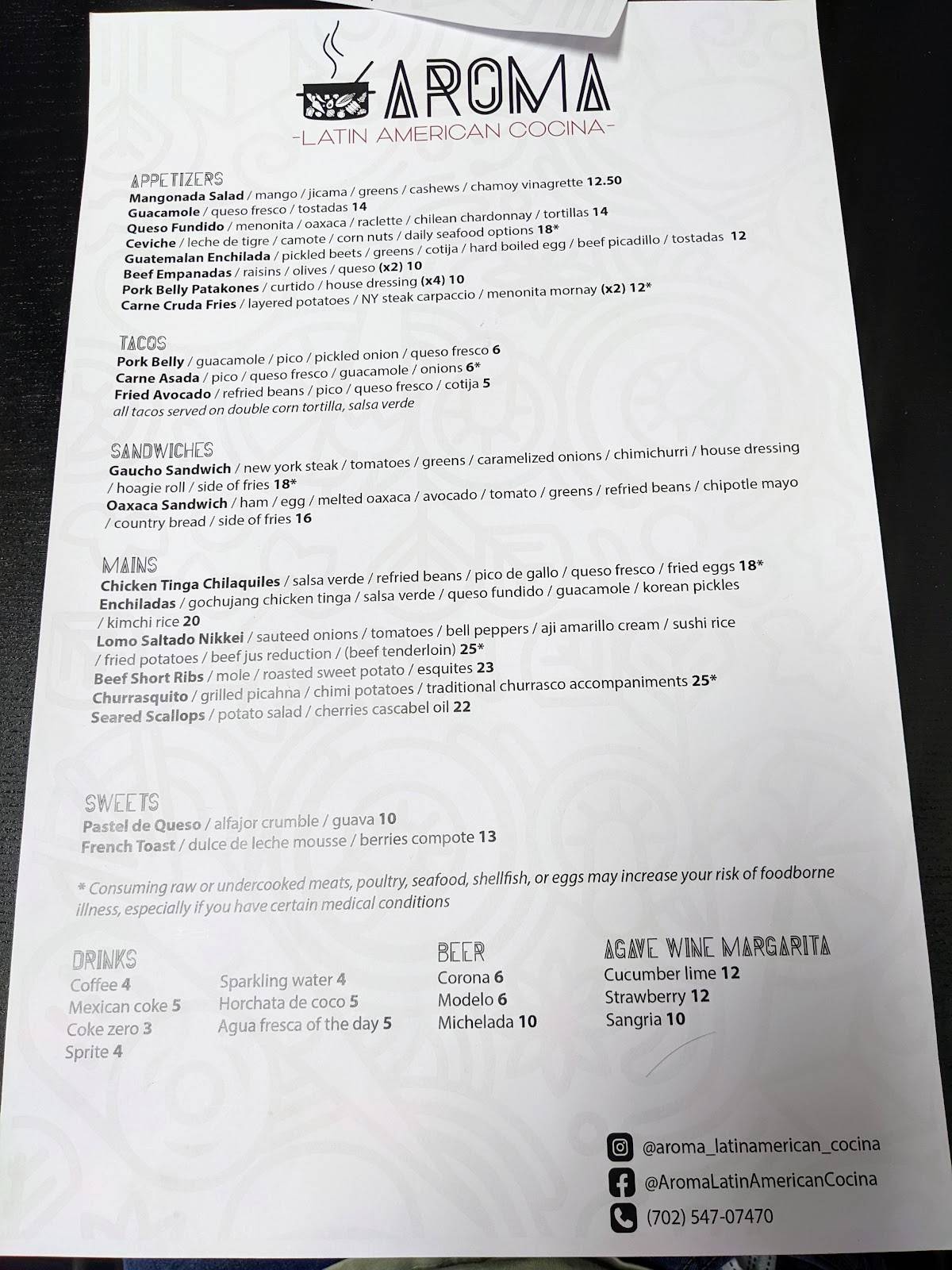 Menu at Aroma Latin American Cocina restaurant, Henderson