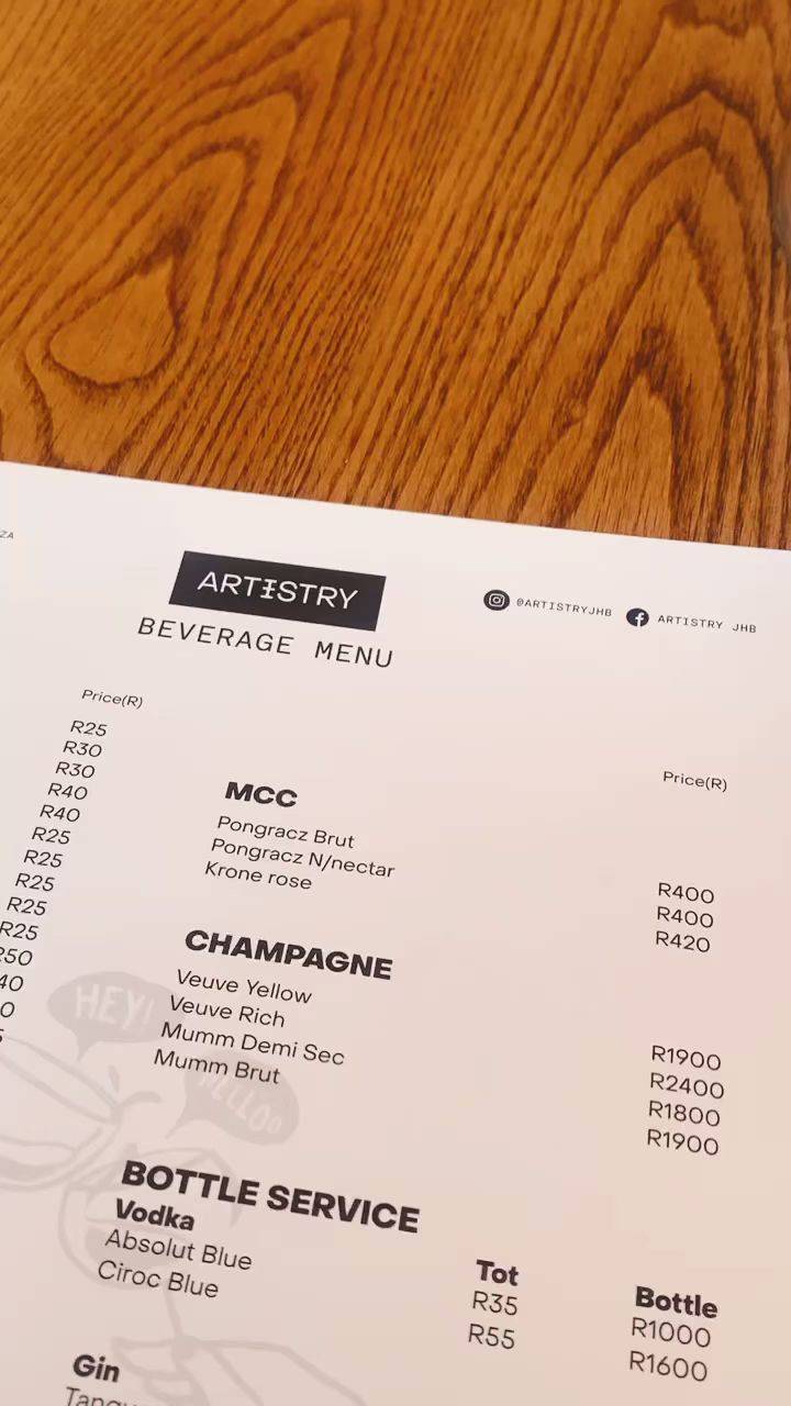 Menu at Artistry JHB restaurant, Sandton