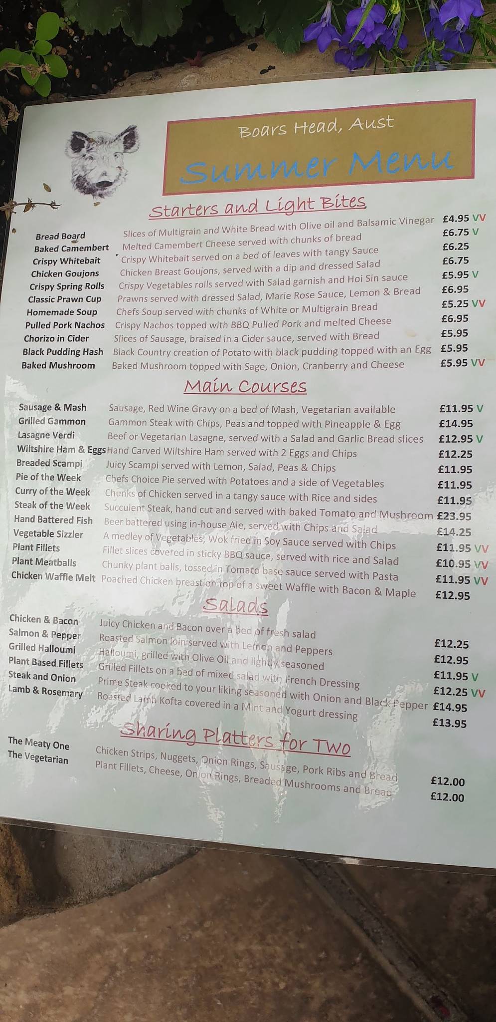 Menu at Boar's Head, Aust pub & bar, Bristol, Main Road