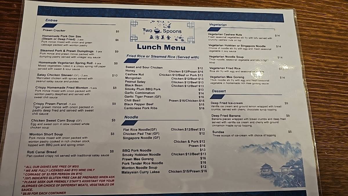 Menu at Two Spoons restaurant, Bairnsdale