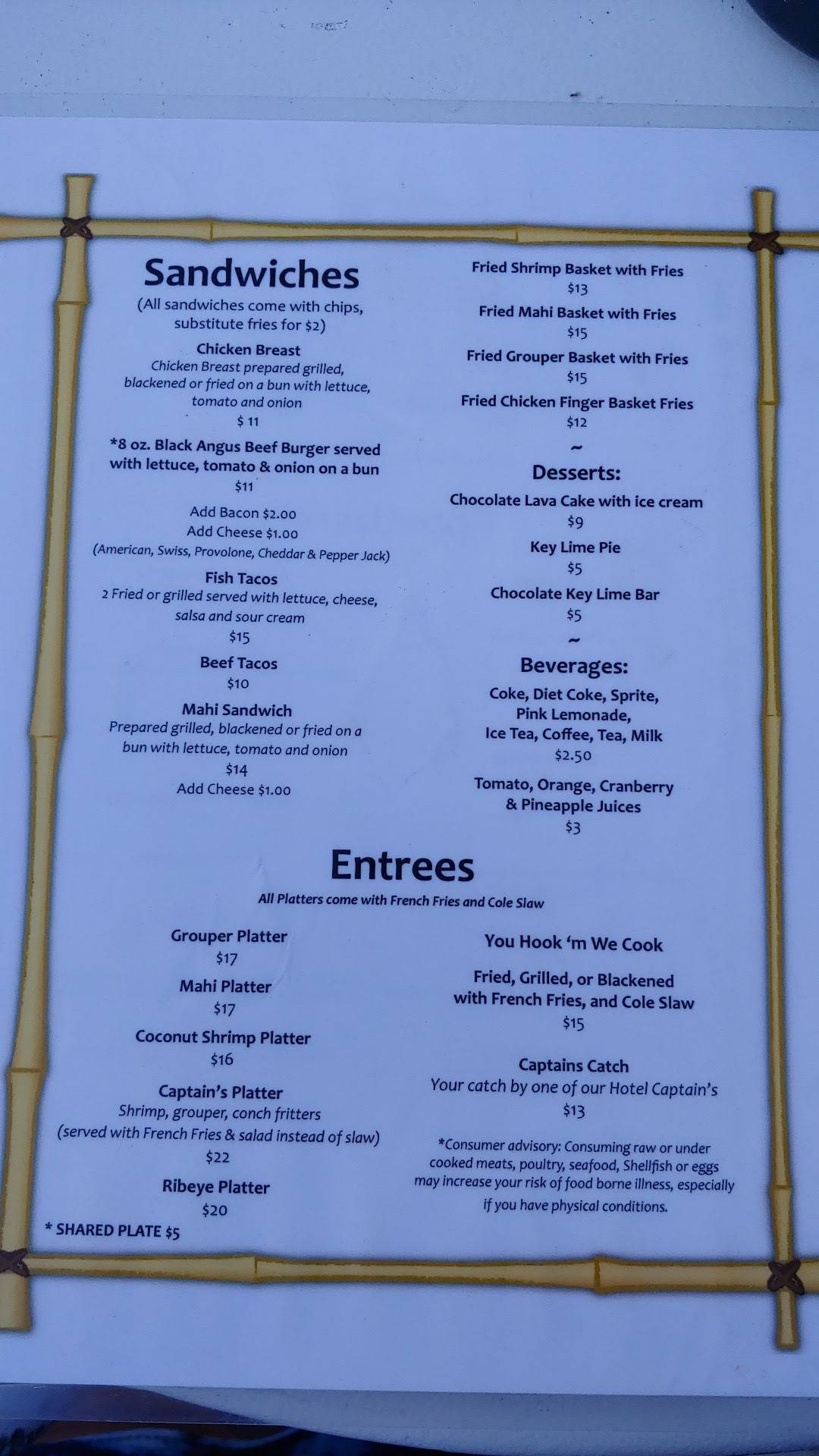 Menu at Barnacle Barney's Tiki Bar and Grill, Marathon
