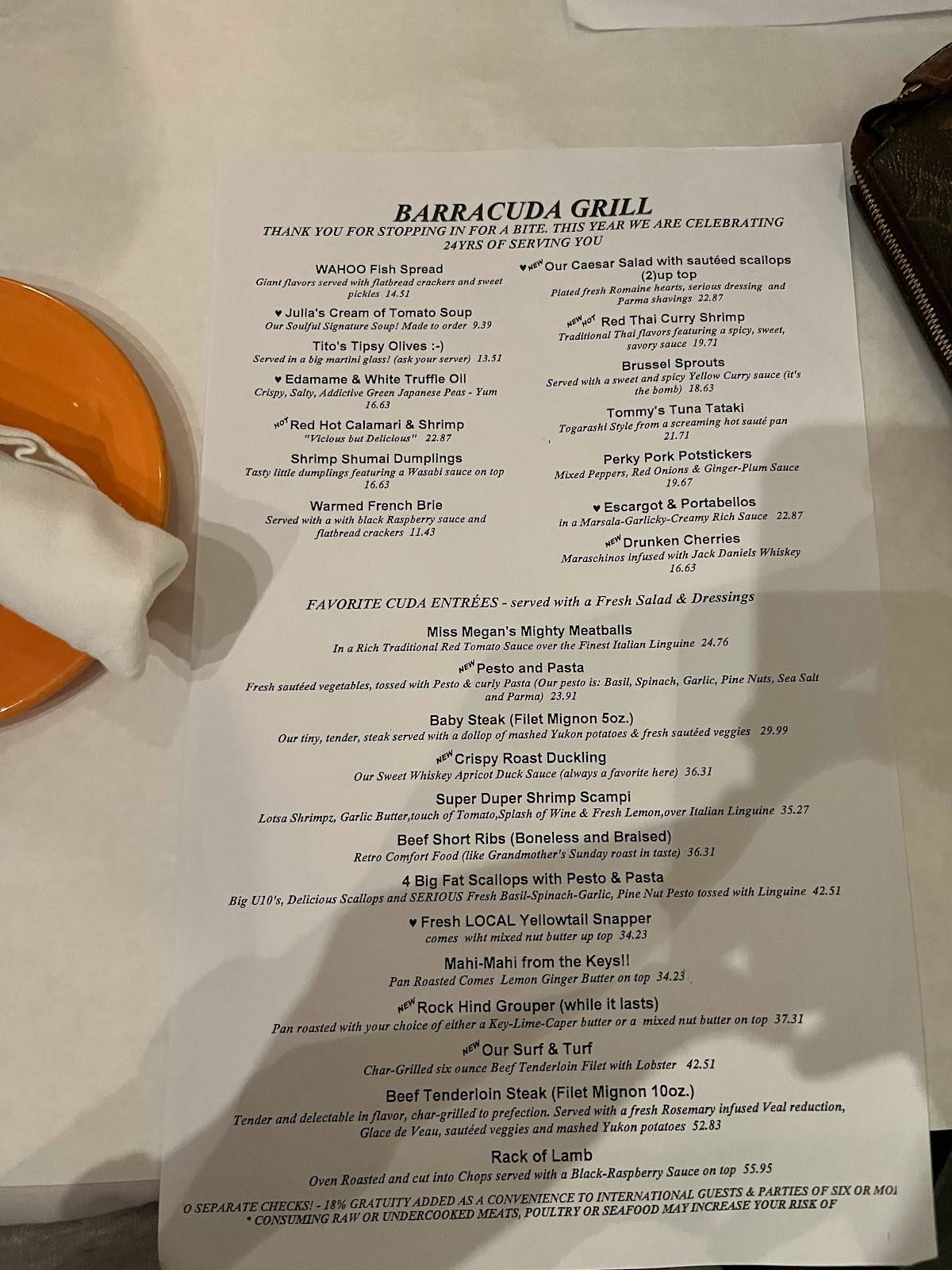Menu at Barracuda Grill, Marathon