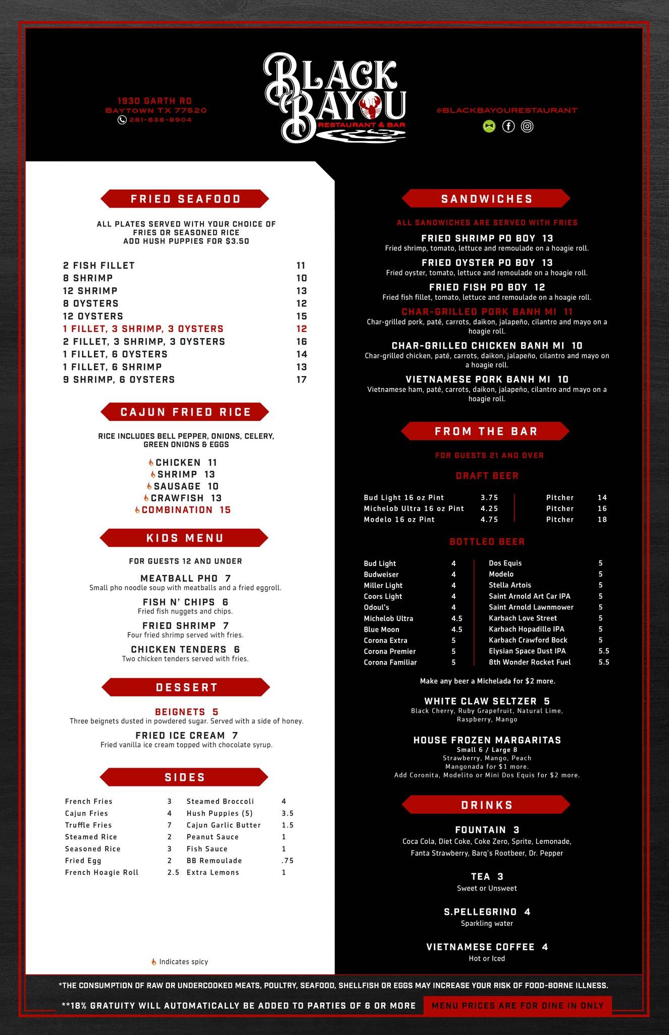 Menu at Black Bayou Seafood & Daiquiri Bar, Baytown
