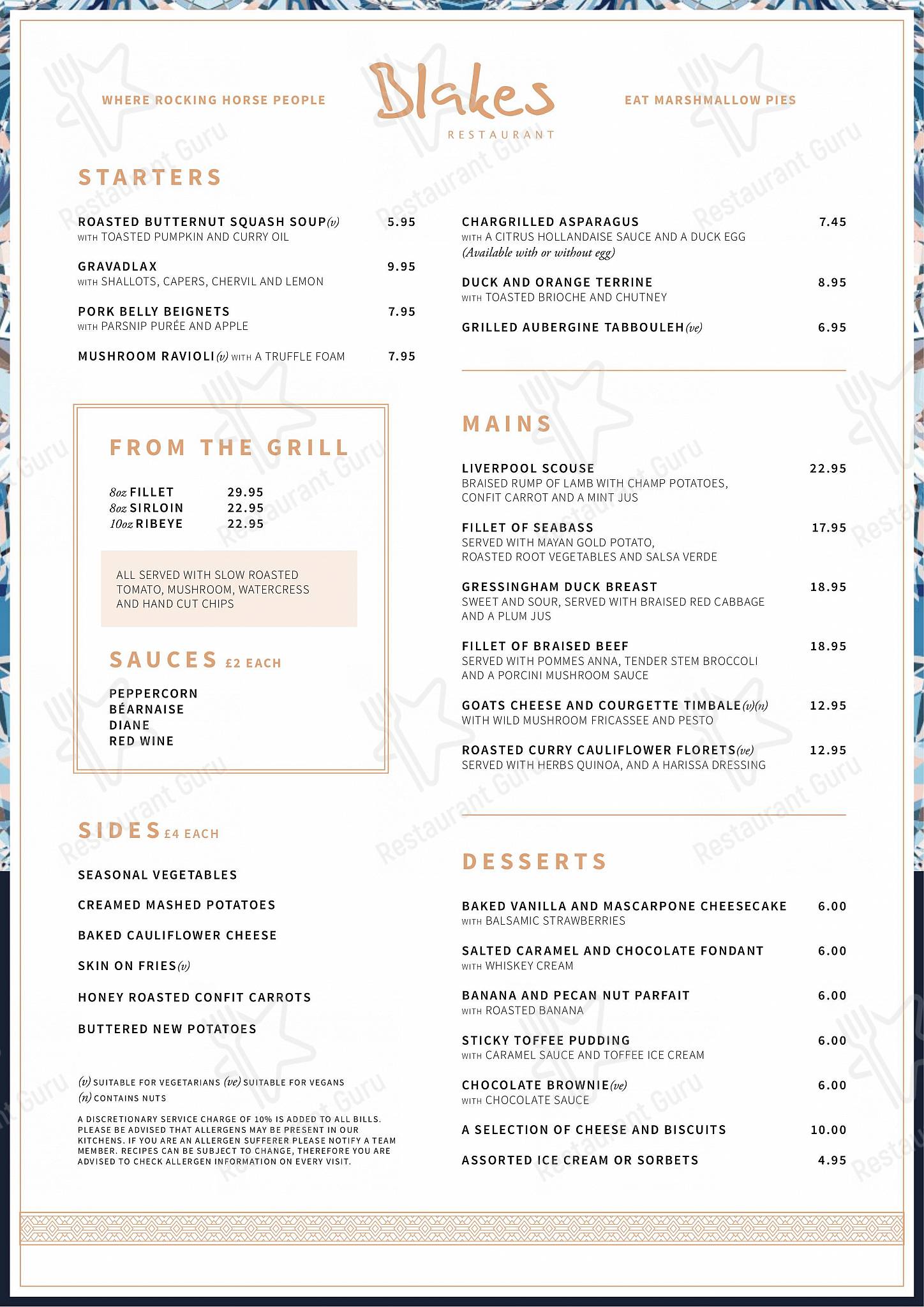 Menu at Blakes Restaurant, Liverpool