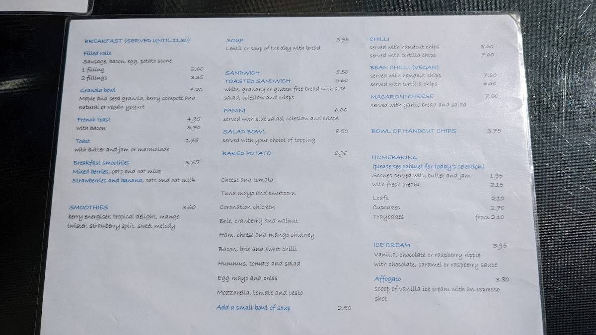 Menu at Blueberrys cafe, Troon