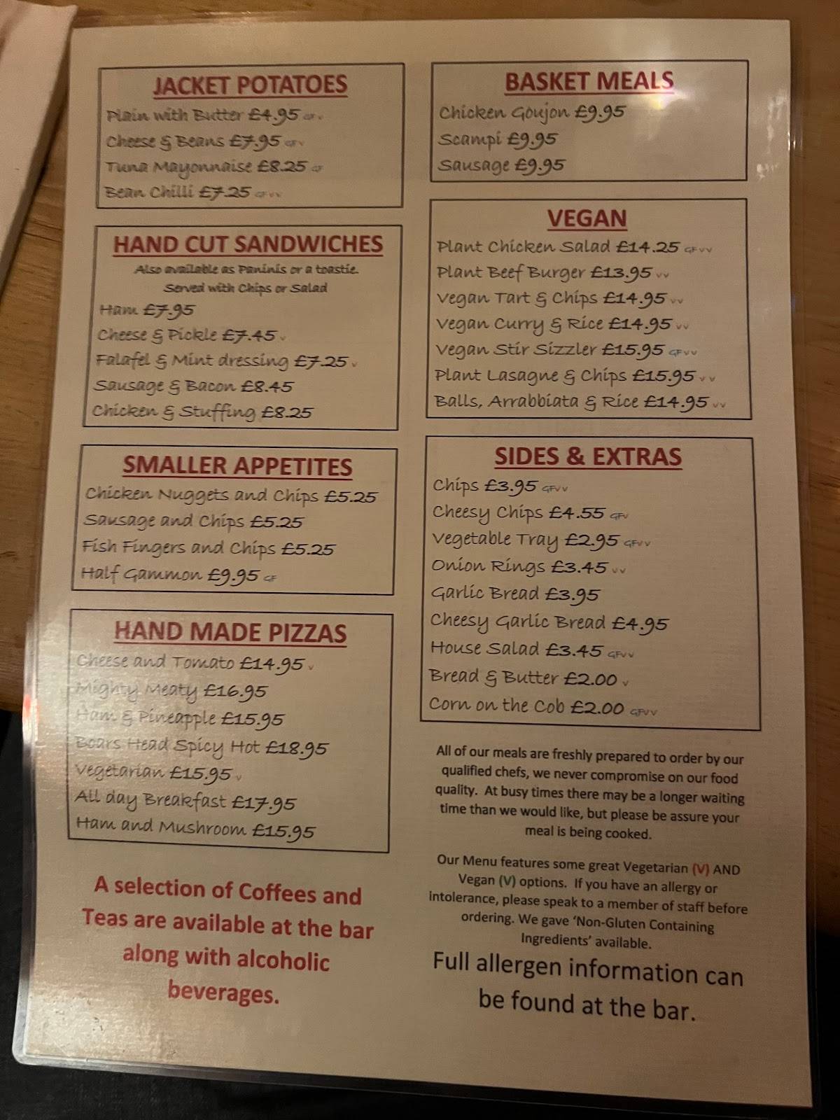 Menu at Boar's Head, Aust pub & bar, Bristol, Main Road