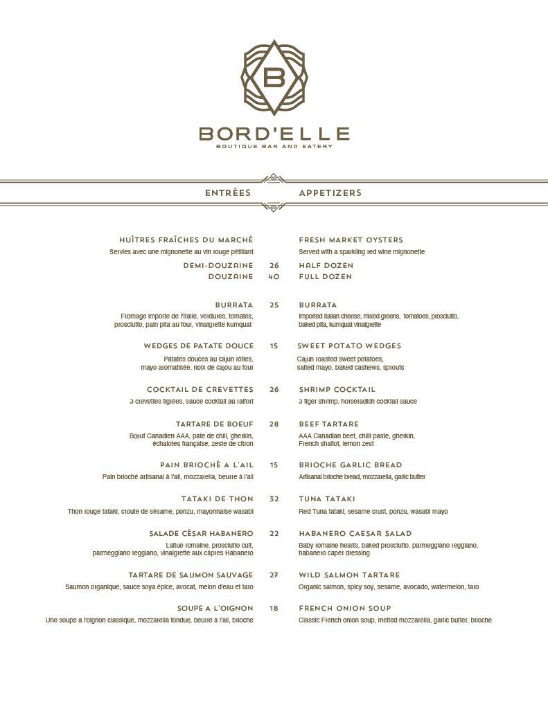 Menu au BordElle Boutique Bar et Restaurant, Montréal