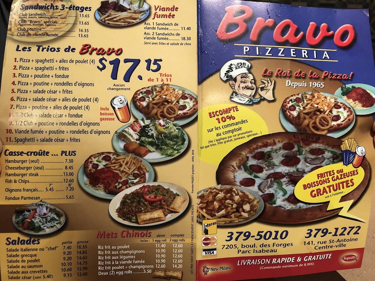 Menu au Bravo Pizzeria, TroisRivières, 141 Rue St Antoine