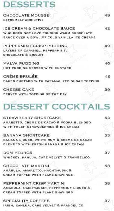 Menu at Baobab Cafe & Grill, Pretoria, Menlyn Shopping Centre