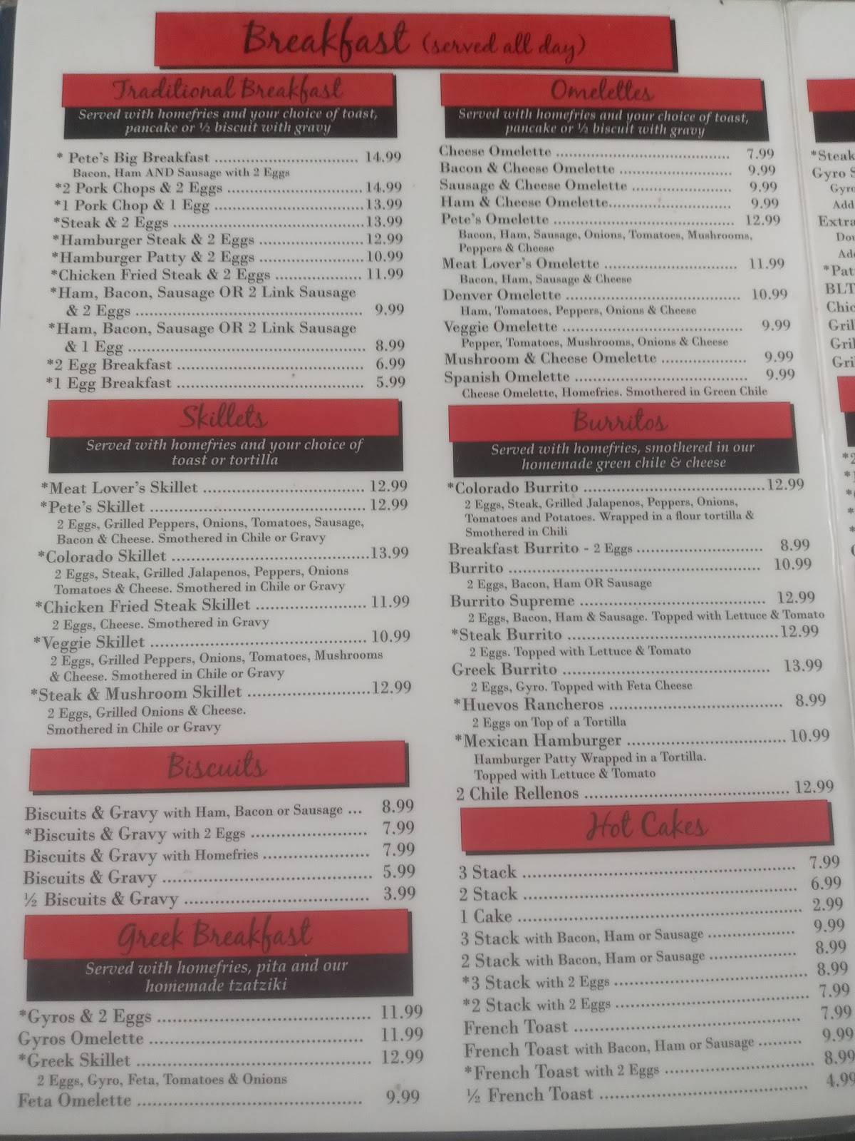 Menu at Pete's Cafe, Thornton