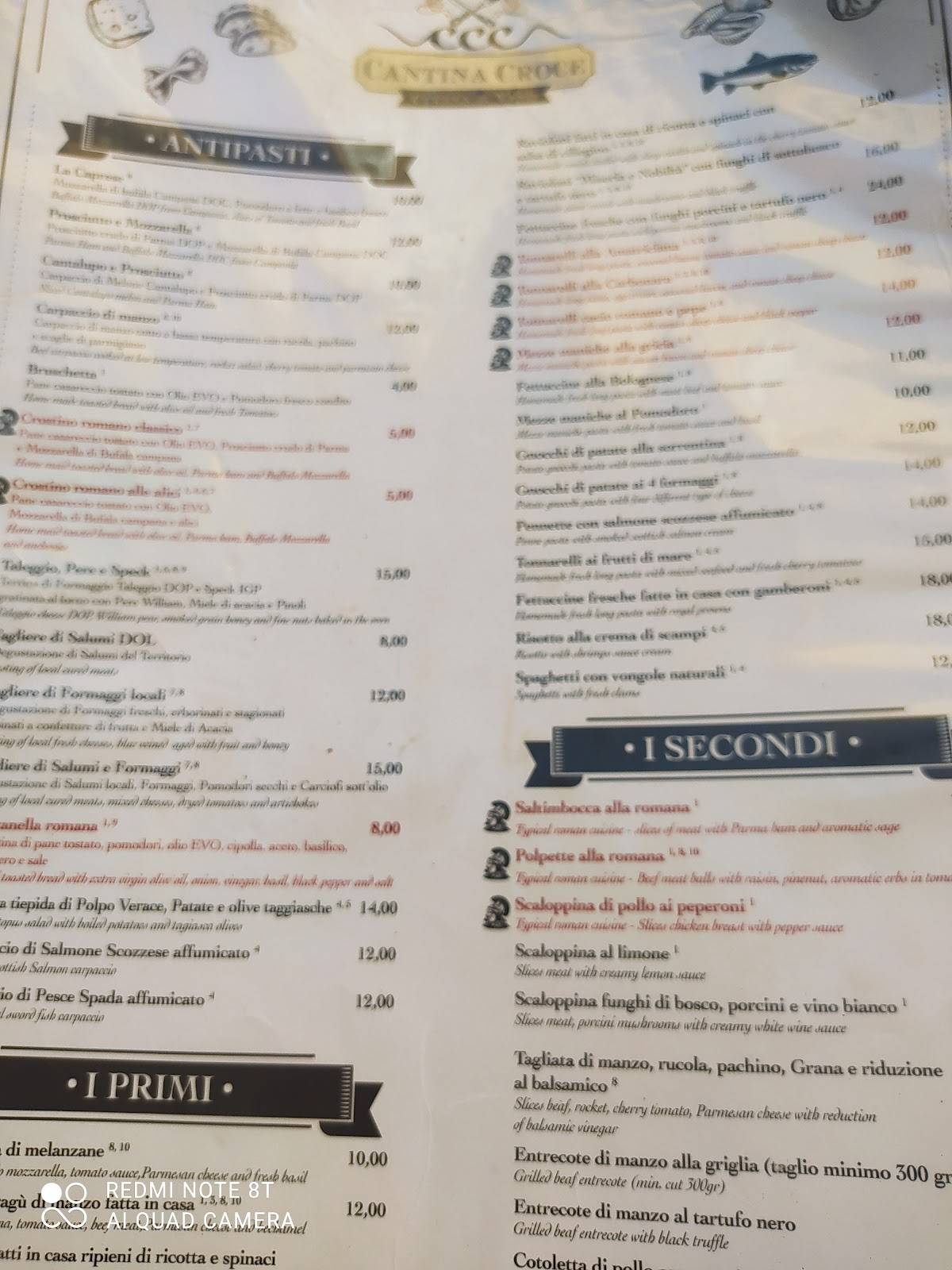 Menu au Cantina Croce pizzeria, Rome